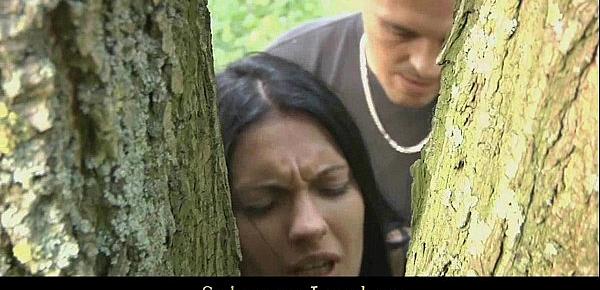  Hot brunette restrained in the woods and fucked